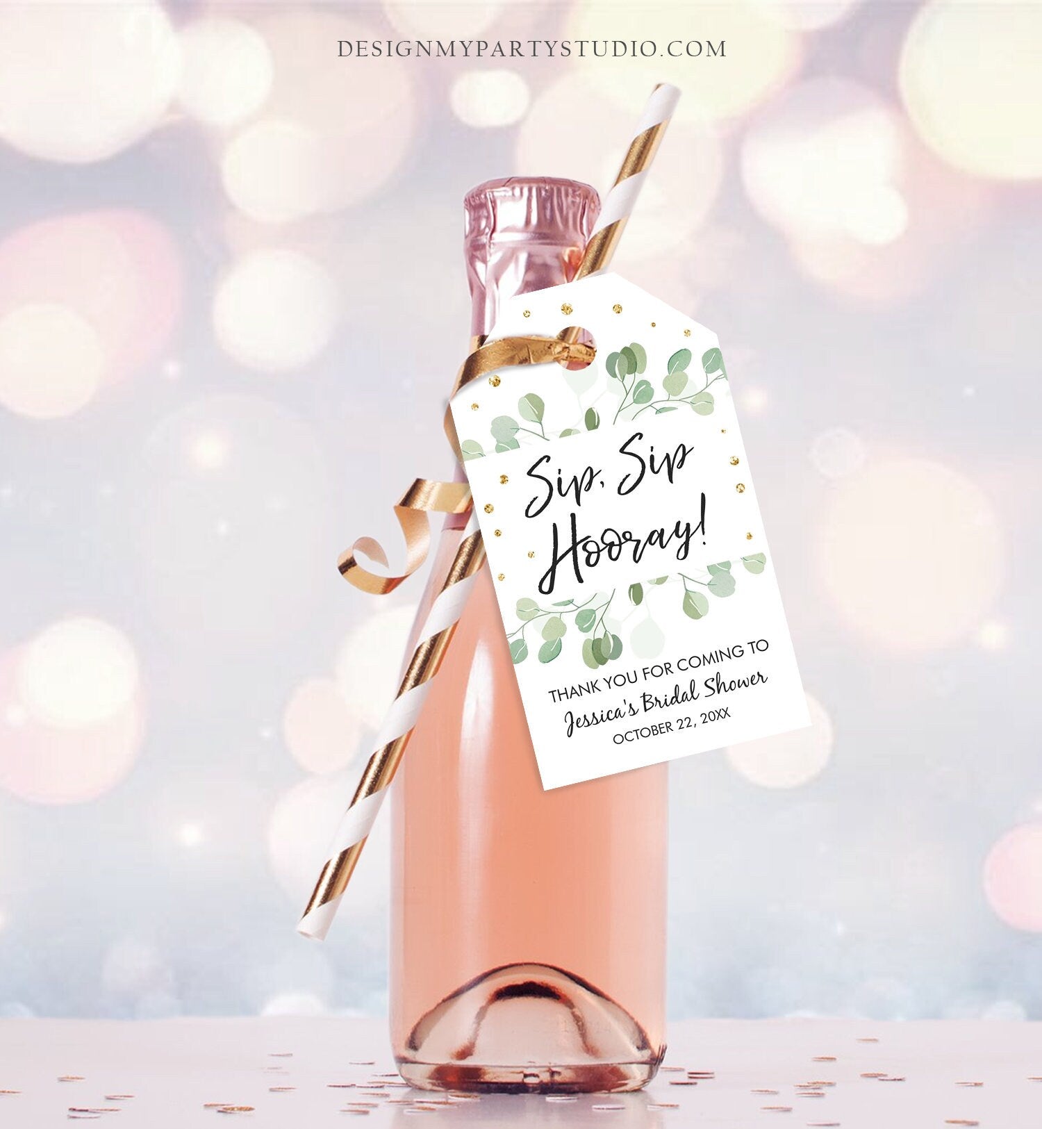 Editable Sip Sip Hooray Bridal Shower Eucalyptus Thank You Tags Wine Bottle Favor Watercolor Greenery Gold Champagne Wedding Corjl 0029