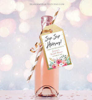 Editable Sip Sip Hooray Bridal Shower Thank You Tags Mini Wine Champagne Bottle Favor Wedding Pink Floral Gold Confetti Corjl Template 0059