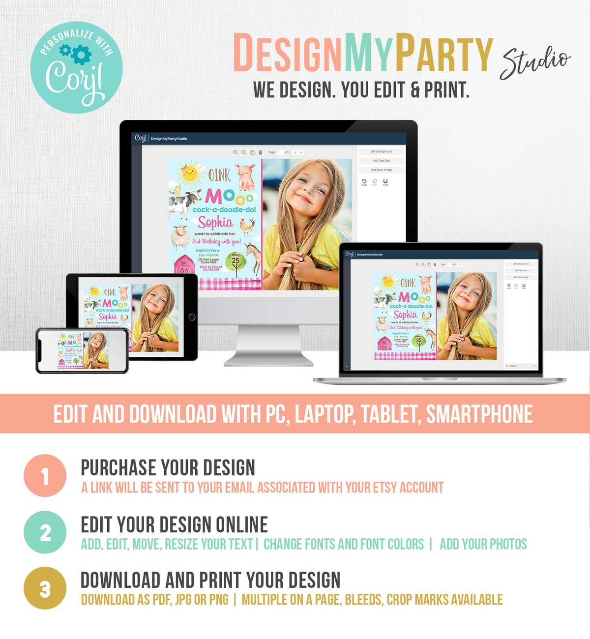 Editable Farm Birthday Invitation Girl Farm Animals Pink Barnyard Party Invite Download Printable Invitation Template Digital Corjl 0160