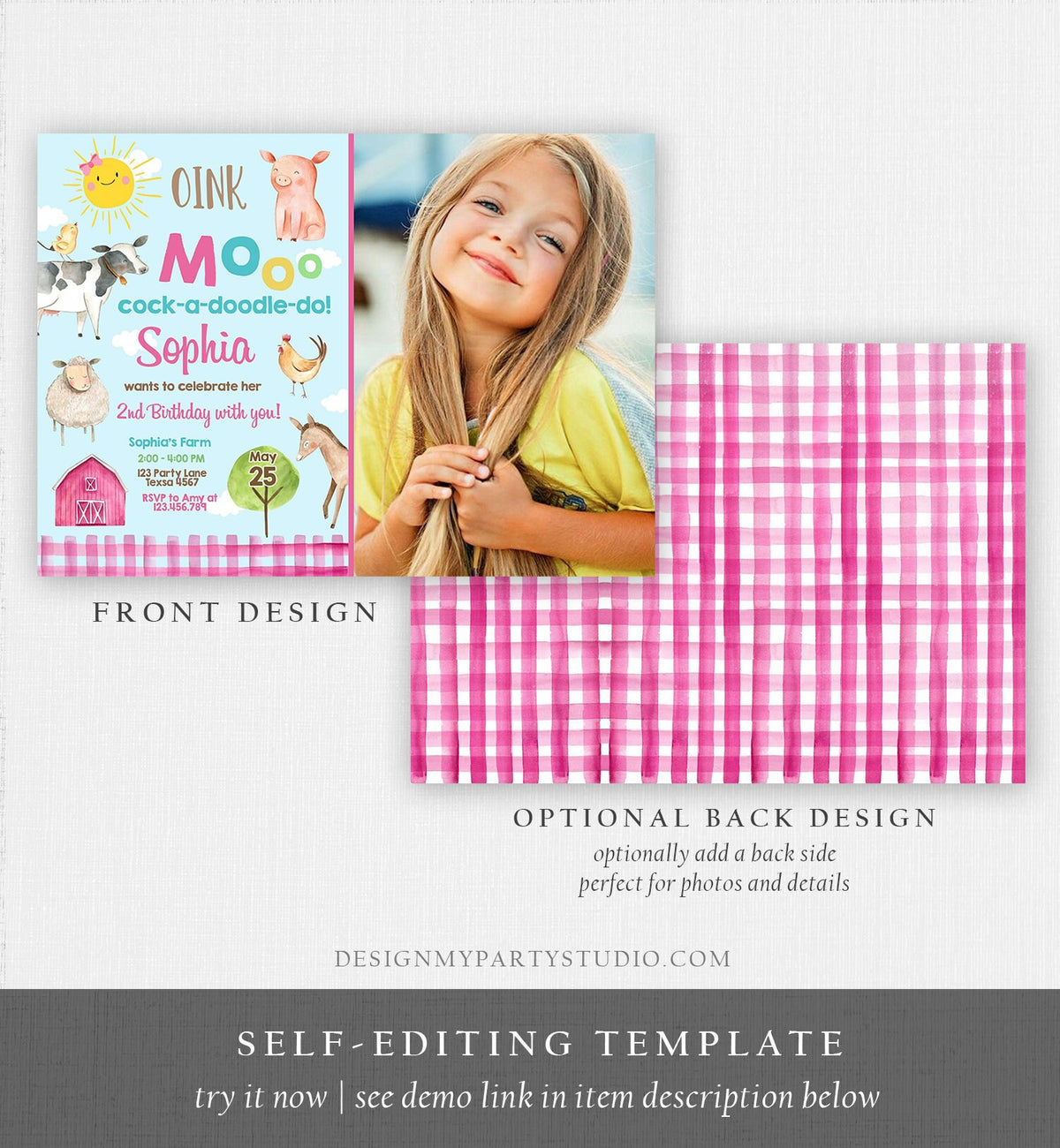 Editable Farm Birthday Invitation Girl Farm Animals Pink Barnyard Party Invite Download Printable Invitation Template Digital Corjl 0160