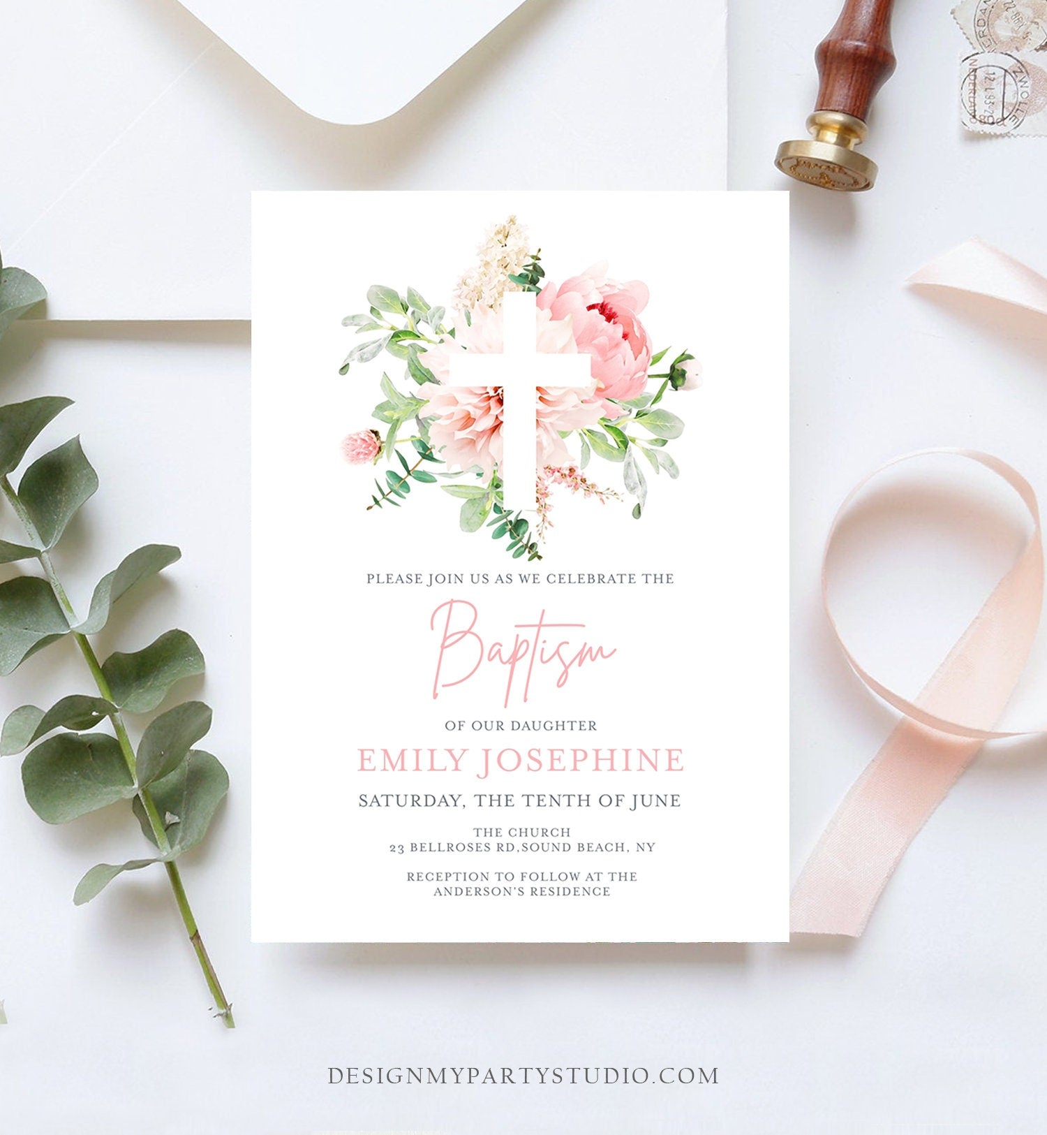 Editable Floral Baptism Invitation Pink Girl Botanical Flowers Greenery Pastel Watercolor Peony Colors Digital Corjl Template Printable 0167