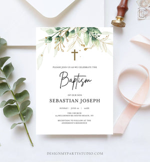 Editable Greenery Baptism Invitation Boy Girl Baptism Gold Leaves Foliage Christening Download Corjl Template Printable 0168