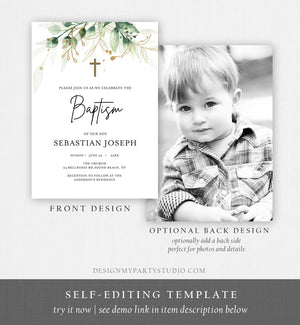 Editable Greenery Baptism Invitation Boy Girl Baptism Gold Leaves Foliage Christening Download Corjl Template Printable 0168