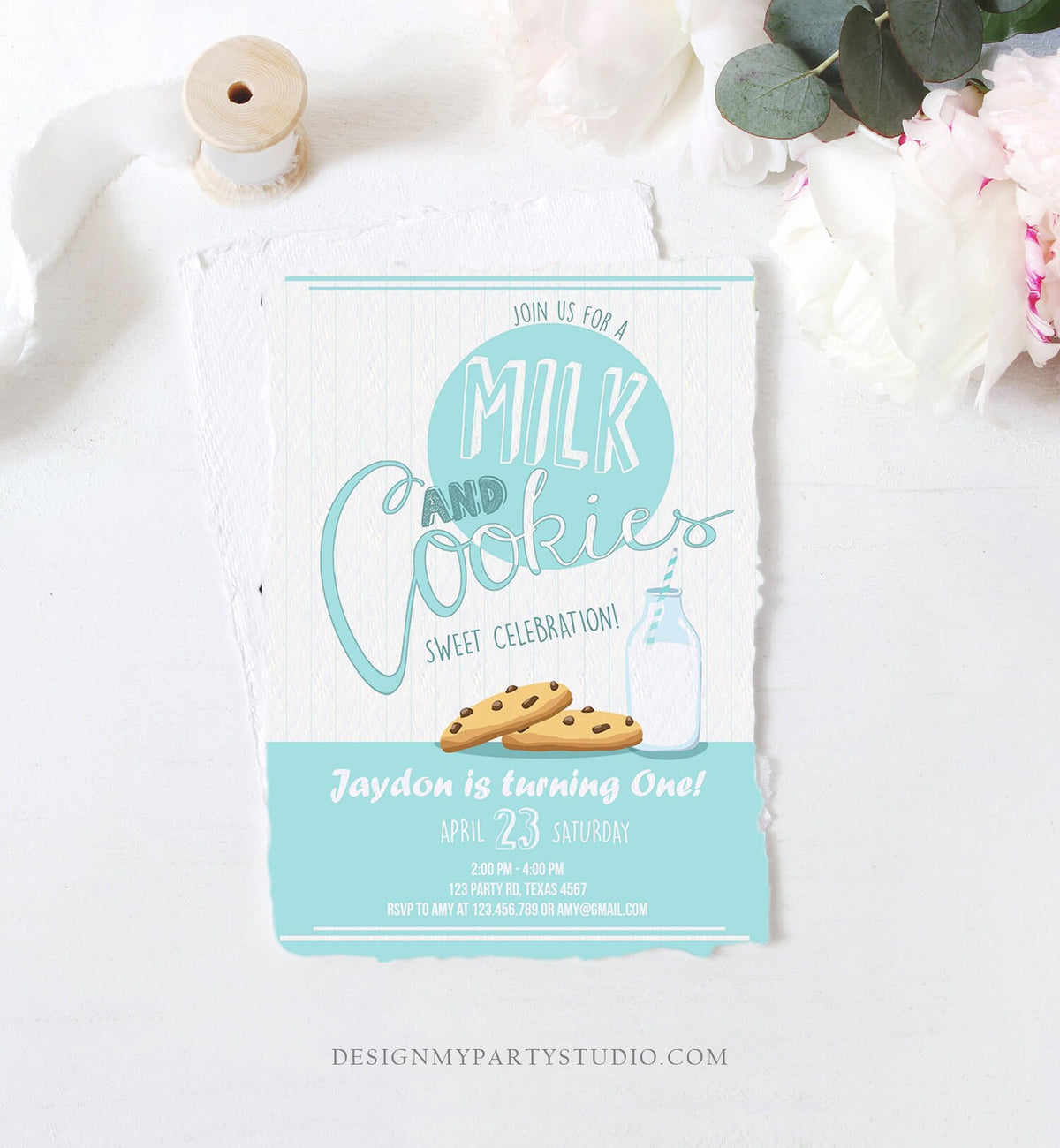 Editable Milk and Cookies Birthday Invitation Milk &amp; Cookies Party Boy Birthday Blue First Birthday Printable Download Template Corjl 0088