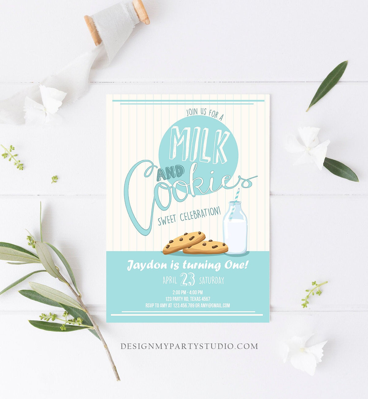 Editable Milk and Cookies Birthday Invitation Milk &amp; Cookies Party Boy Birthday Blue First Birthday Printable Download Template Corjl 0088