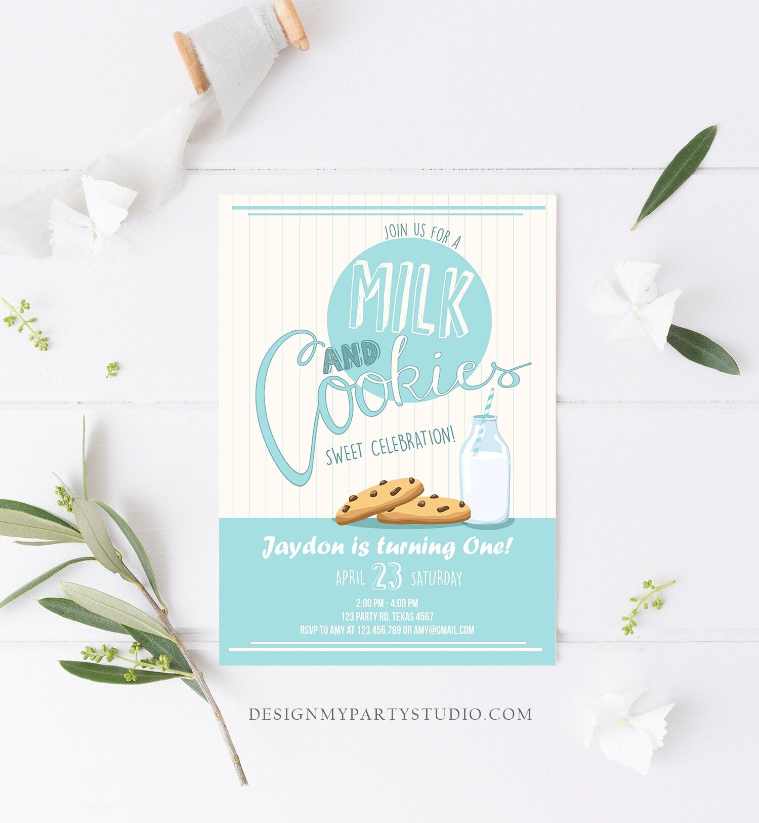 Editable Milk and Cookies Birthday Invitation Milk & Cookies Party Boy Birthday Blue First Birthday Printable Download Template Corjl 0088