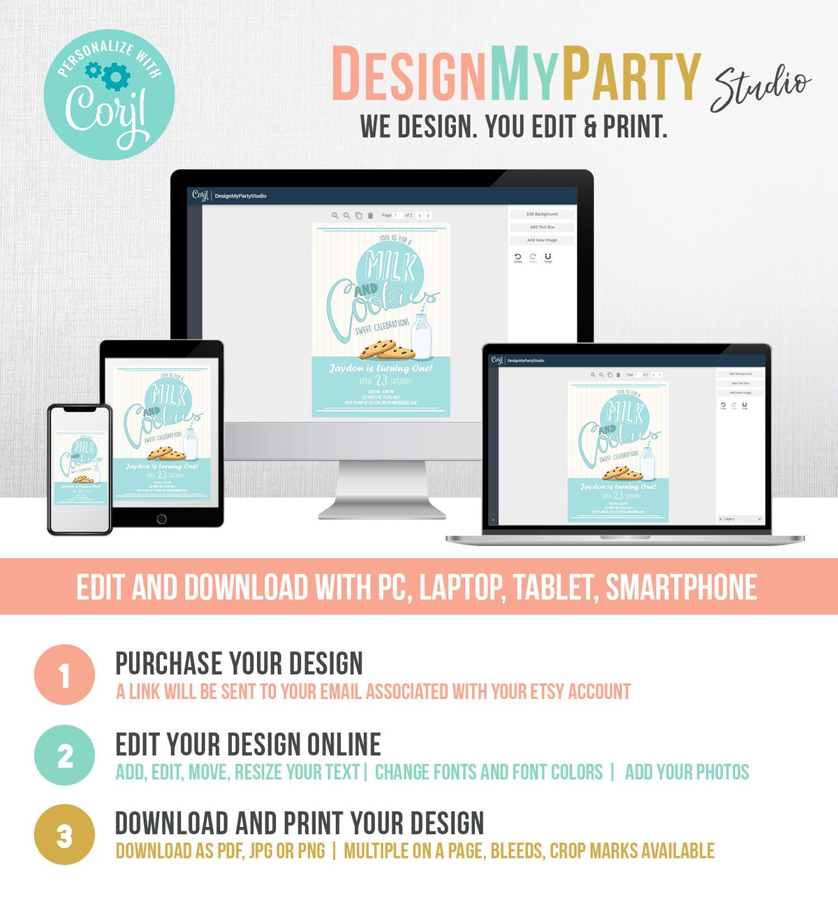 Editable Milk and Cookies Birthday Invitation Milk &amp; Cookies Party Boy Birthday Blue First Birthday Printable Download Template Corjl 0088