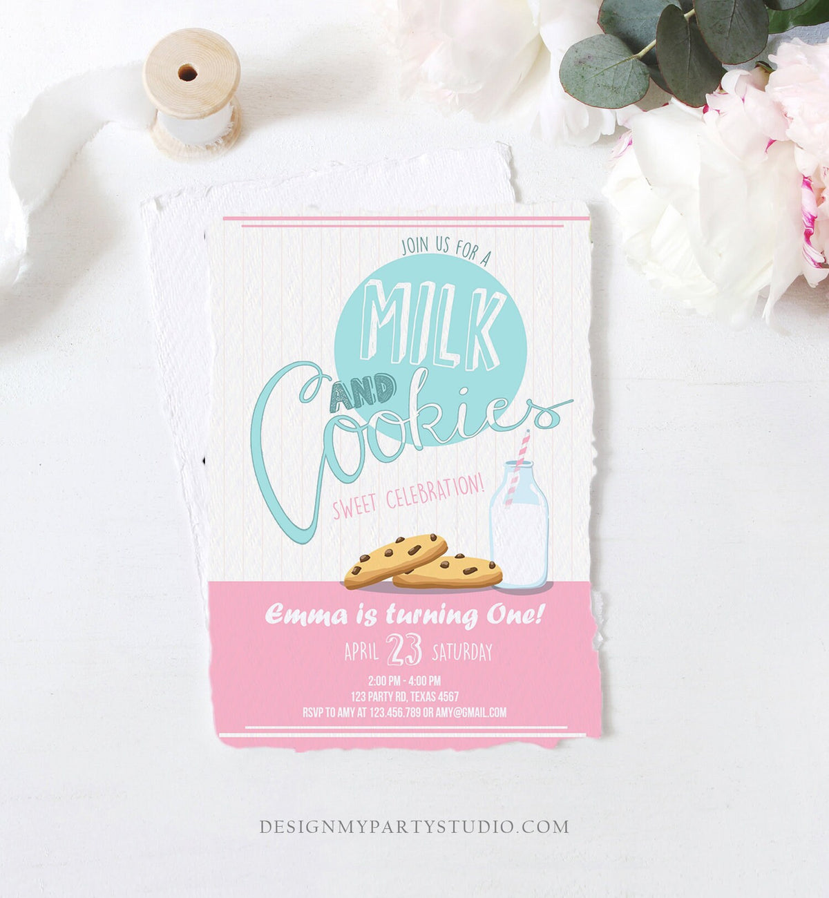 Editable Milk and Cookies Birthday Invitation Milk &amp; Cookies Party Girl Birthday Pink First Birthday Download Printable Template Corjl 0088