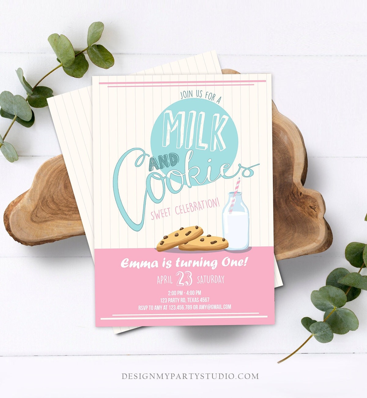 Editable Milk and Cookies Birthday Invitation Milk &amp; Cookies Party Girl Birthday Pink First Birthday Download Printable Template Corjl 0088