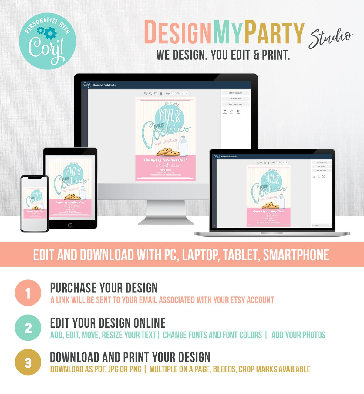 Editable Milk and Cookies Birthday Invitation Milk &amp; Cookies Party Girl Birthday Pink First Birthday Download Printable Template Corjl 0088