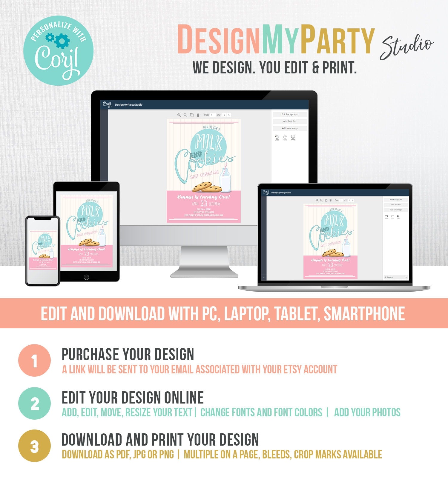 Editable Milk and Cookies Birthday Invitation Milk & Cookies Party Girl Birthday Pink First Birthday Download Printable Template Corjl 0088