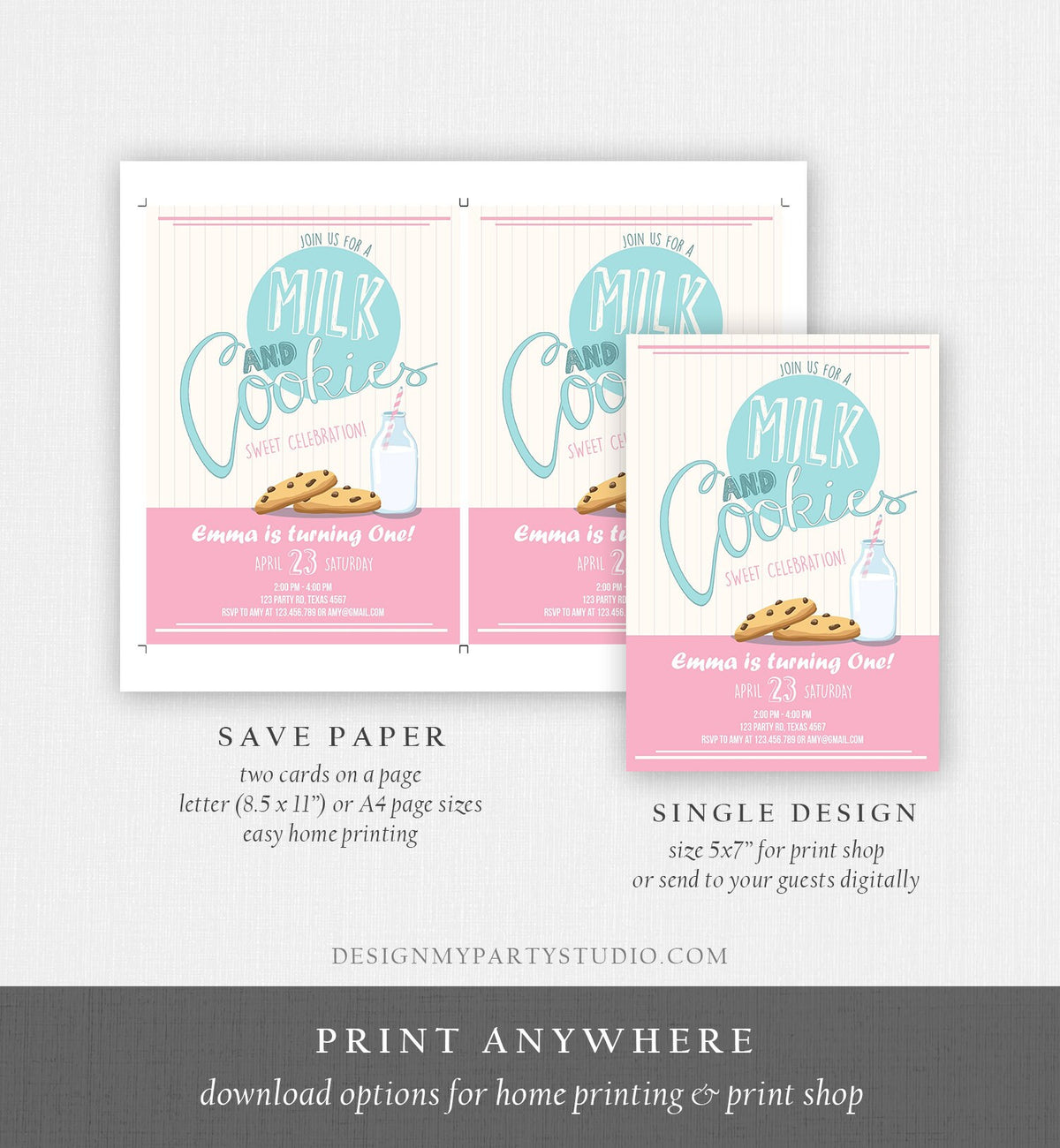 Editable Milk and Cookies Birthday Invitation Milk &amp; Cookies Party Girl Birthday Pink First Birthday Download Printable Template Corjl 0088