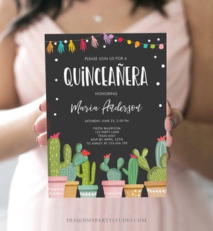 Editable Quinceañera Birthday Invitation Cactus Mexican Fiesta 15th Birthday Miss Quince Anos Girl Quinceanera Download Corjl Template 0254