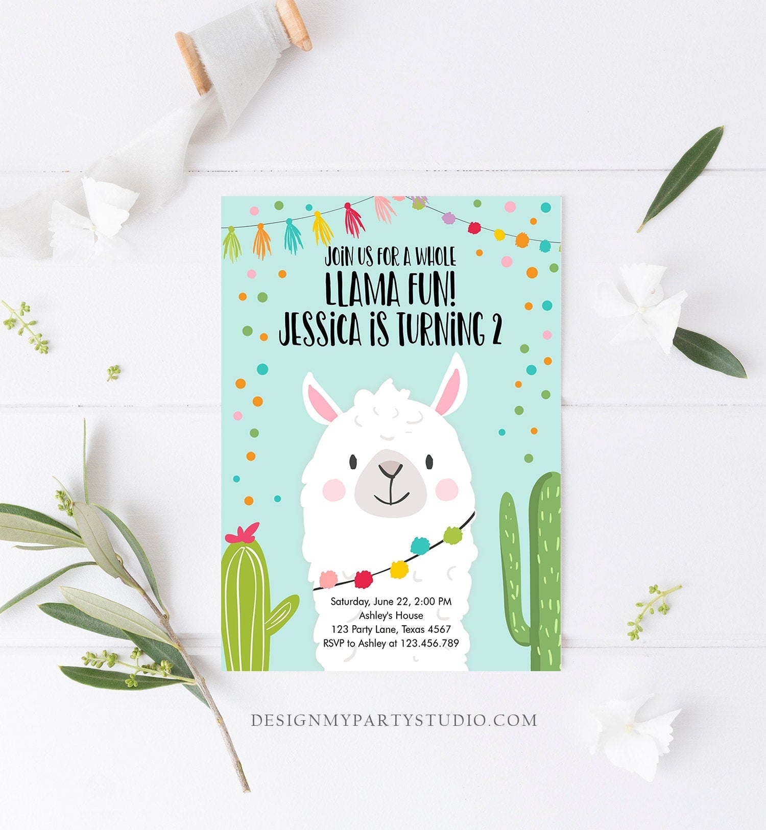 Editable Whole Llama Fun Birthday Invitation Fiesta Llama Cactus Mexican Party Blue Confetti Girl Boy Alpaca Corjl Template Printable 0079