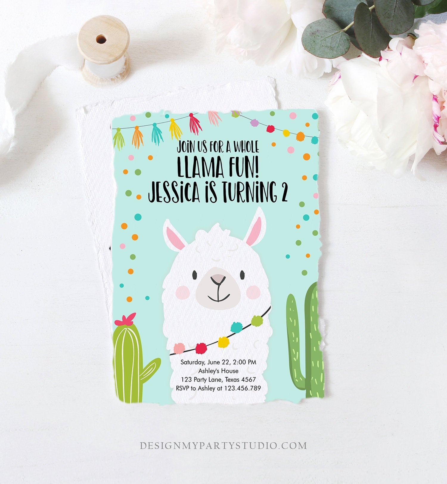 Editable Whole Llama Fun Birthday Invitation Fiesta Llama Cactus Mexican Party Blue Confetti Girl Boy Alpaca Corjl Template Printable 0079