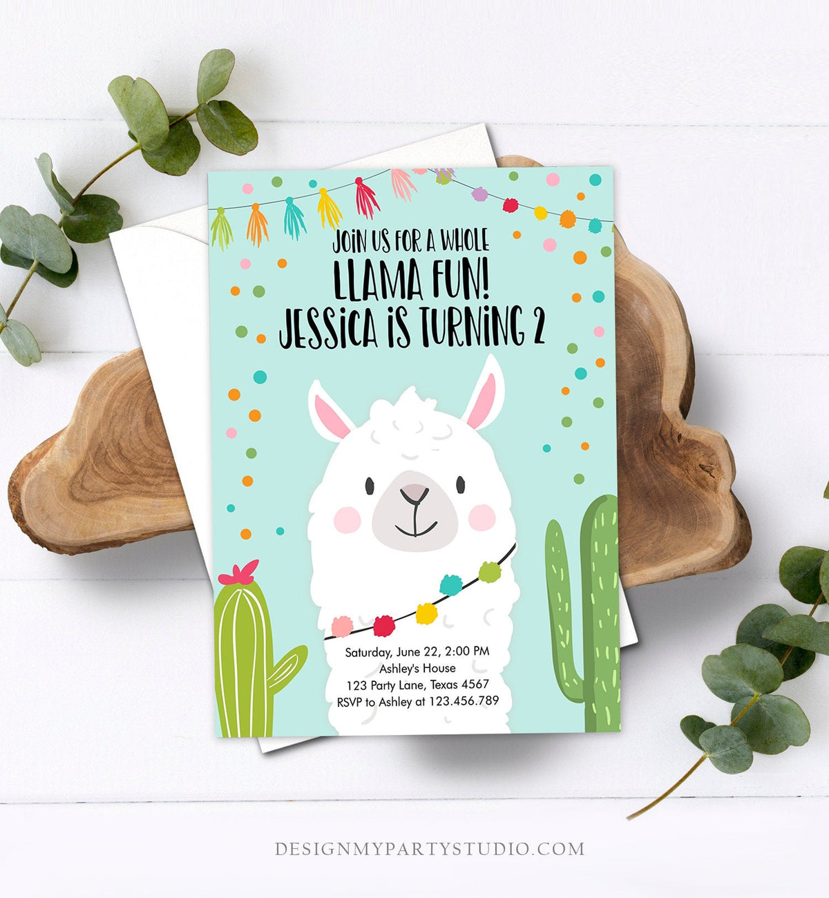 Editable Whole Llama Fun Birthday Invitation Fiesta Llama Cactus Mexican Party Blue Confetti Girl Boy Alpaca Corjl Template Printable 0079
