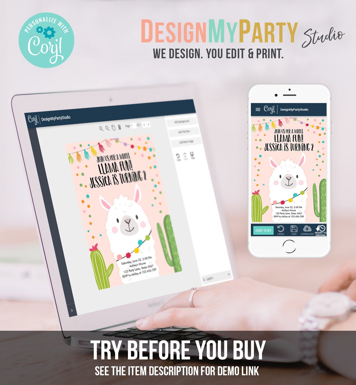 Editable Whole Llama Fun Birthday invitation Fiesta Llama Cactus Mexican Party Pink Confetti Girl Boy Alpaca Corjl Template Printable 0079