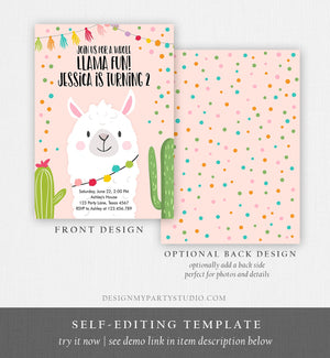 Editable Whole Llama Fun Birthday invitation Fiesta Llama Cactus Mexican Party Pink Confetti Girl Boy Alpaca Corjl Template Printable 0079
