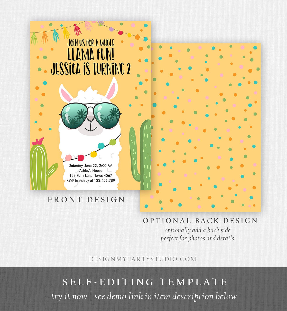 Editable Whole Llama Fun Birthday Invitation Fiesta Llama Cactus Mexican Party Yellow Confetti Girl Boy Alpaca Corjl Template Printable 0079