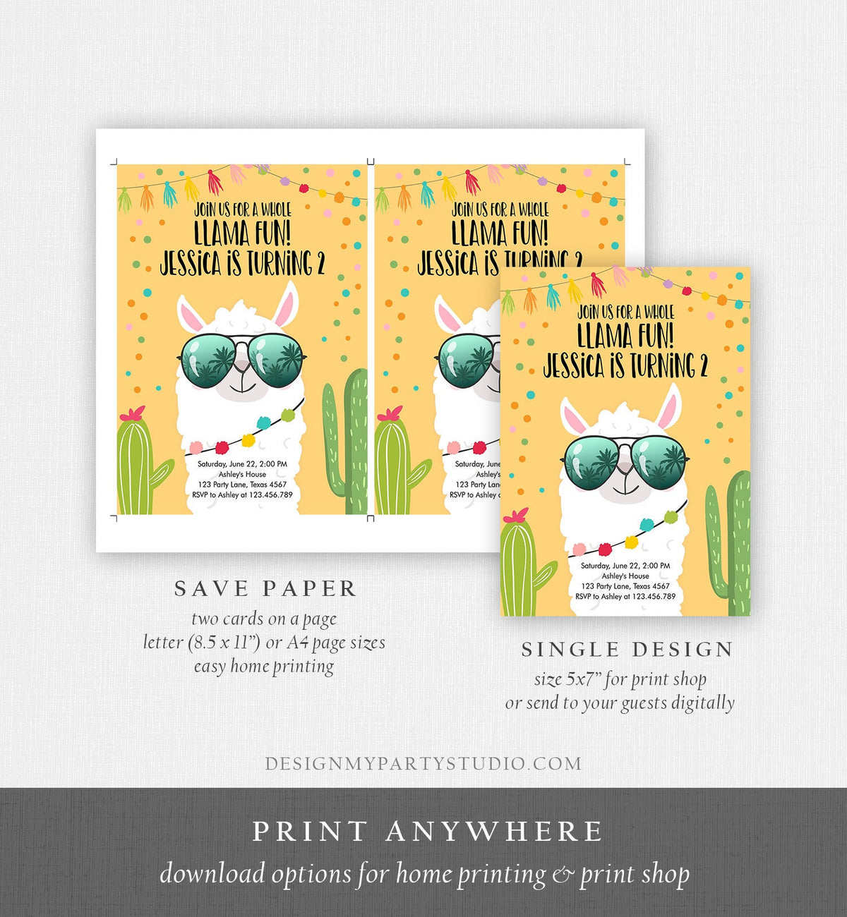 Editable Whole Llama Fun Birthday Invitation Fiesta Llama Cactus Mexican Party Yellow Confetti Girl Boy Alpaca Corjl Template Printable 0079