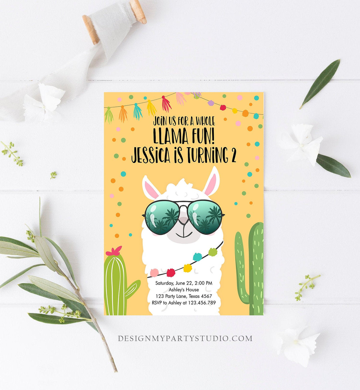 Editable Whole Llama Fun Birthday Invitation Fiesta Llama Cactus Mexican Party Yellow Confetti Girl Boy Alpaca Corjl Template Printable 0079