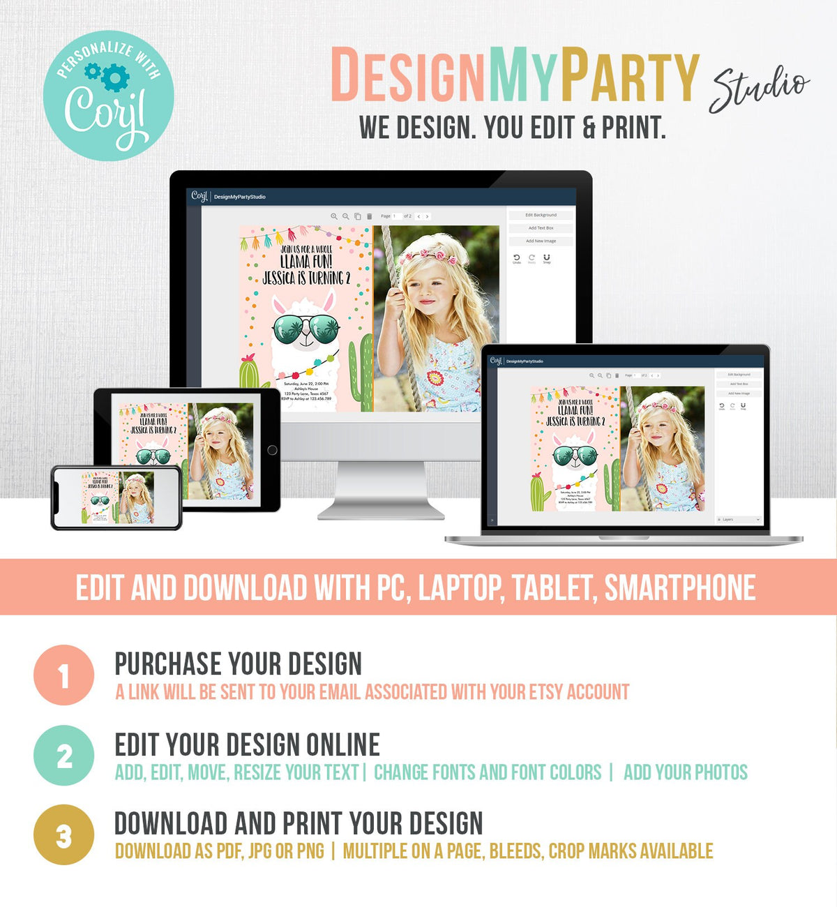 Editable Whole Llama Fun Birthday Invitation Llama Fiesta Cactus Confetti Girl Pink Alpaca Photo Download Printable Template Corjl 0079