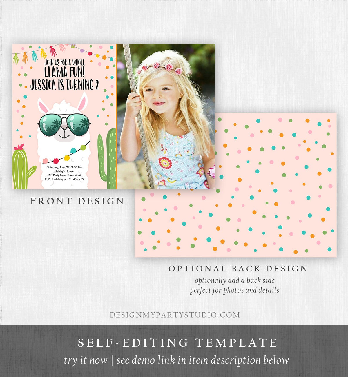 Editable Whole Llama Fun Birthday Invitation Llama Fiesta Cactus Confetti Girl Pink Alpaca Photo Download Printable Template Corjl 0079