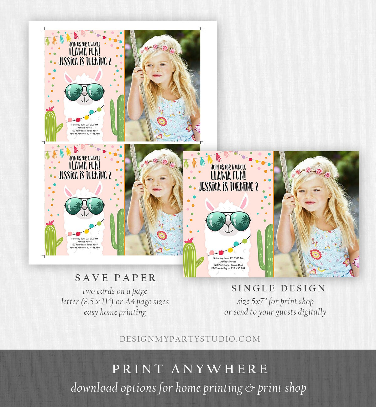 Editable Whole Llama Fun Birthday Invitation Llama Fiesta Cactus Confetti Girl Pink Alpaca Photo Download Printable Template Corjl 0079