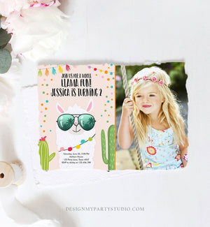 Editable Whole Llama Fun Birthday Invitation Llama Fiesta Cactus Confetti Girl Pink Alpaca Photo Download Printable Template Corjl 0079