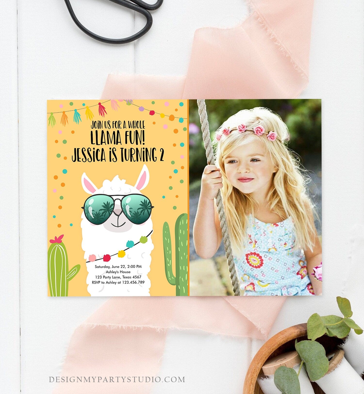 Editable Whole Llama Fun Birthday Invitation Llama Fiesta Cactus Confetti Girl Yellow Alpaca Photo Download Printable Template Corjl 0079
