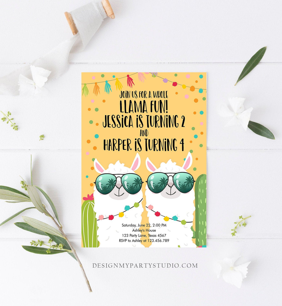 Editable Whole Llama Fun Birthday Invitation Joined Coed Twin Twins Llamas Fiesta Cactus Confetti Girl Boy Yellow Alpaca Template Corjl 0079