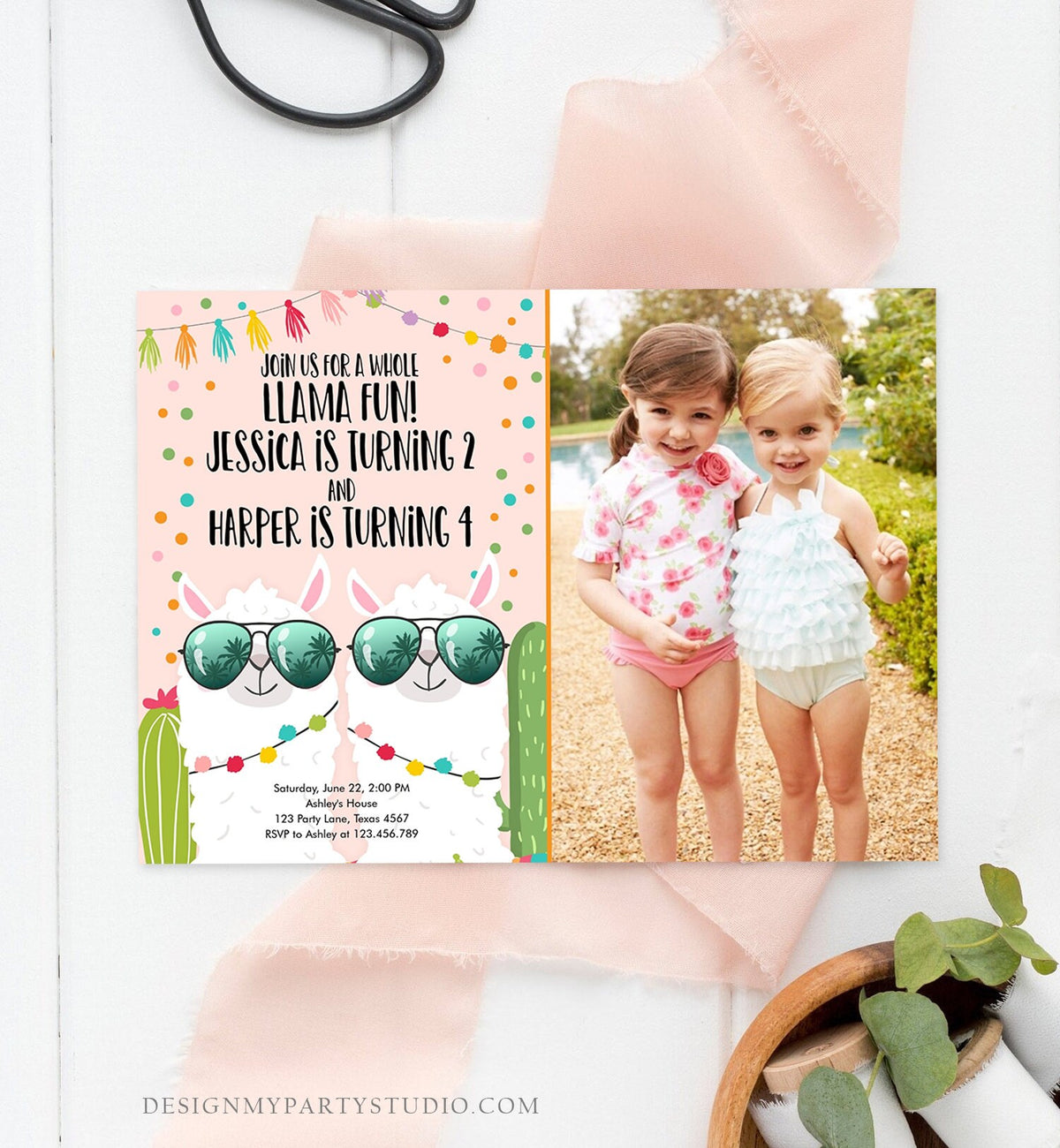 Editable Whole Llama Fun Birthday Invitation Joined Coed Twin Twins Llamas Fiesta Cactus Confetti Girl Pink Photo Alpaca Template Corjl 0079