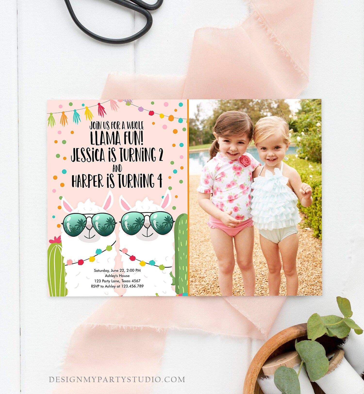 Editable Whole Llama Fun Birthday Invitation Joined Coed Twin Twins Llamas Fiesta Cactus Confetti Girl Pink Photo Alpaca Template Corjl 0079