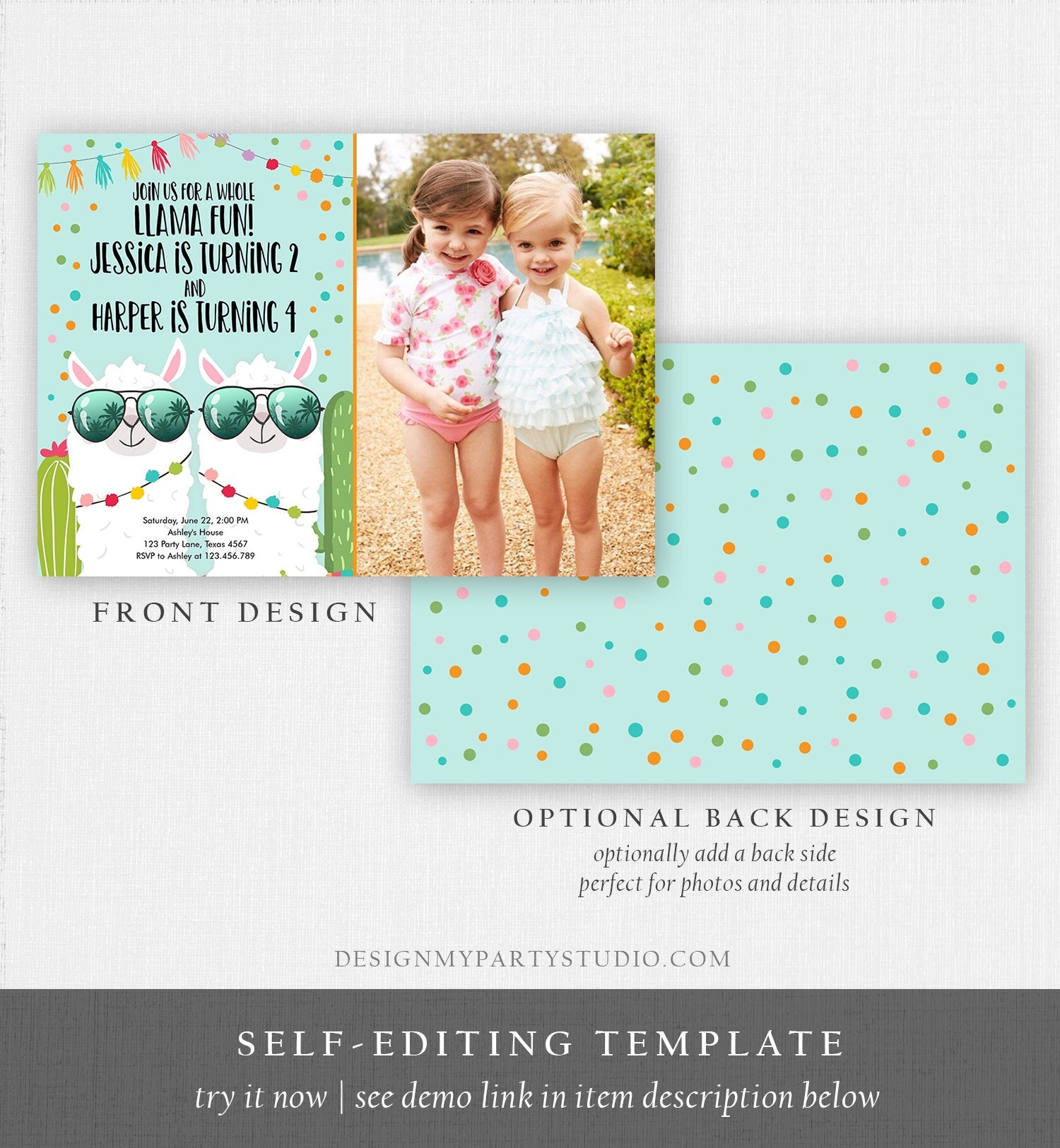 Editable Whole Llama Fun Birthday Invitation Joined Coed Twin Twins Llamas Fiesta Cactus Confetti Girl Blue Photo Alpaca Template Corjl 0079