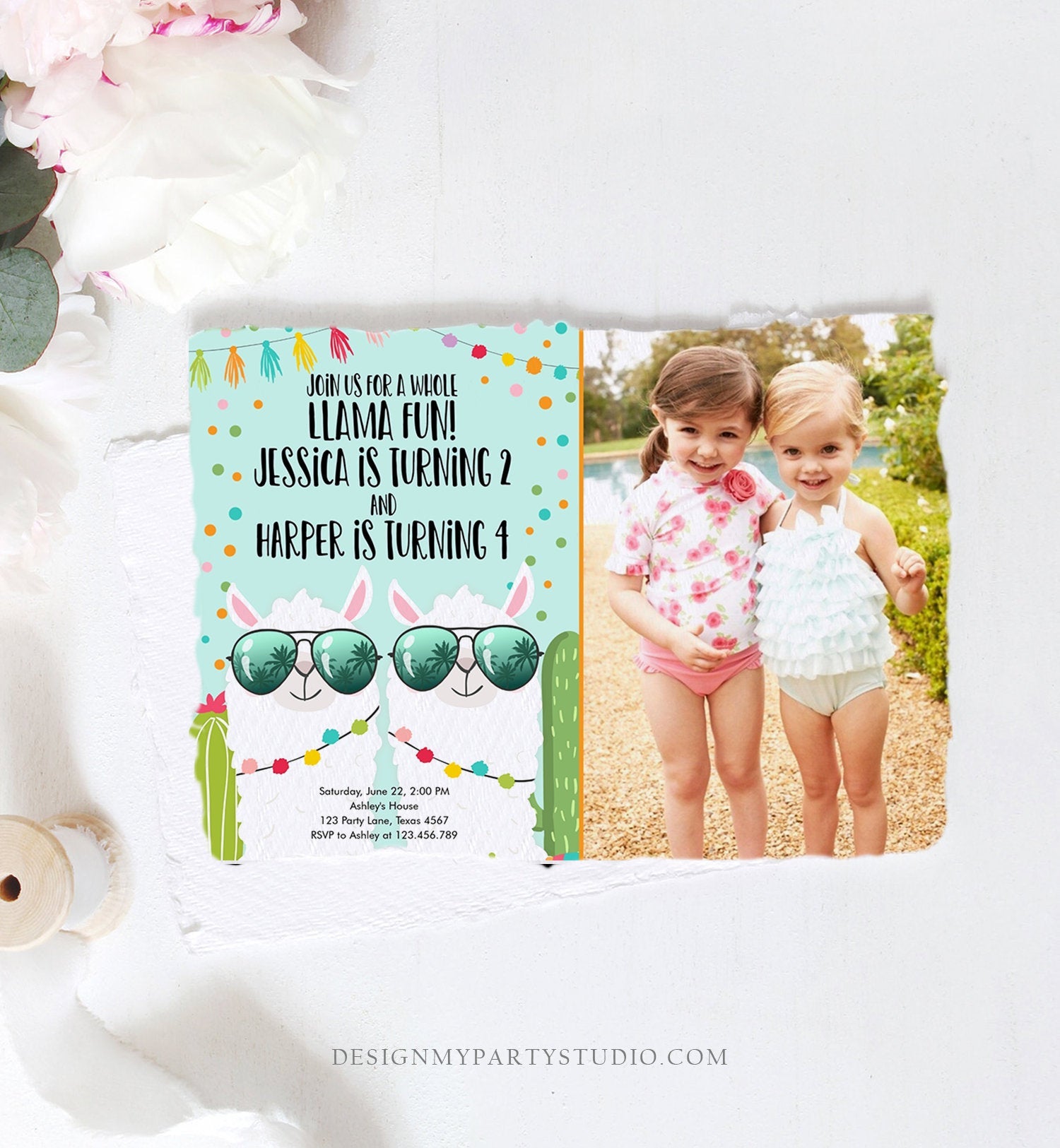 Editable Whole Llama Fun Birthday Invitation Joined Coed Twin Twins Llamas Fiesta Cactus Confetti Girl Blue Photo Alpaca Template Corjl 0079