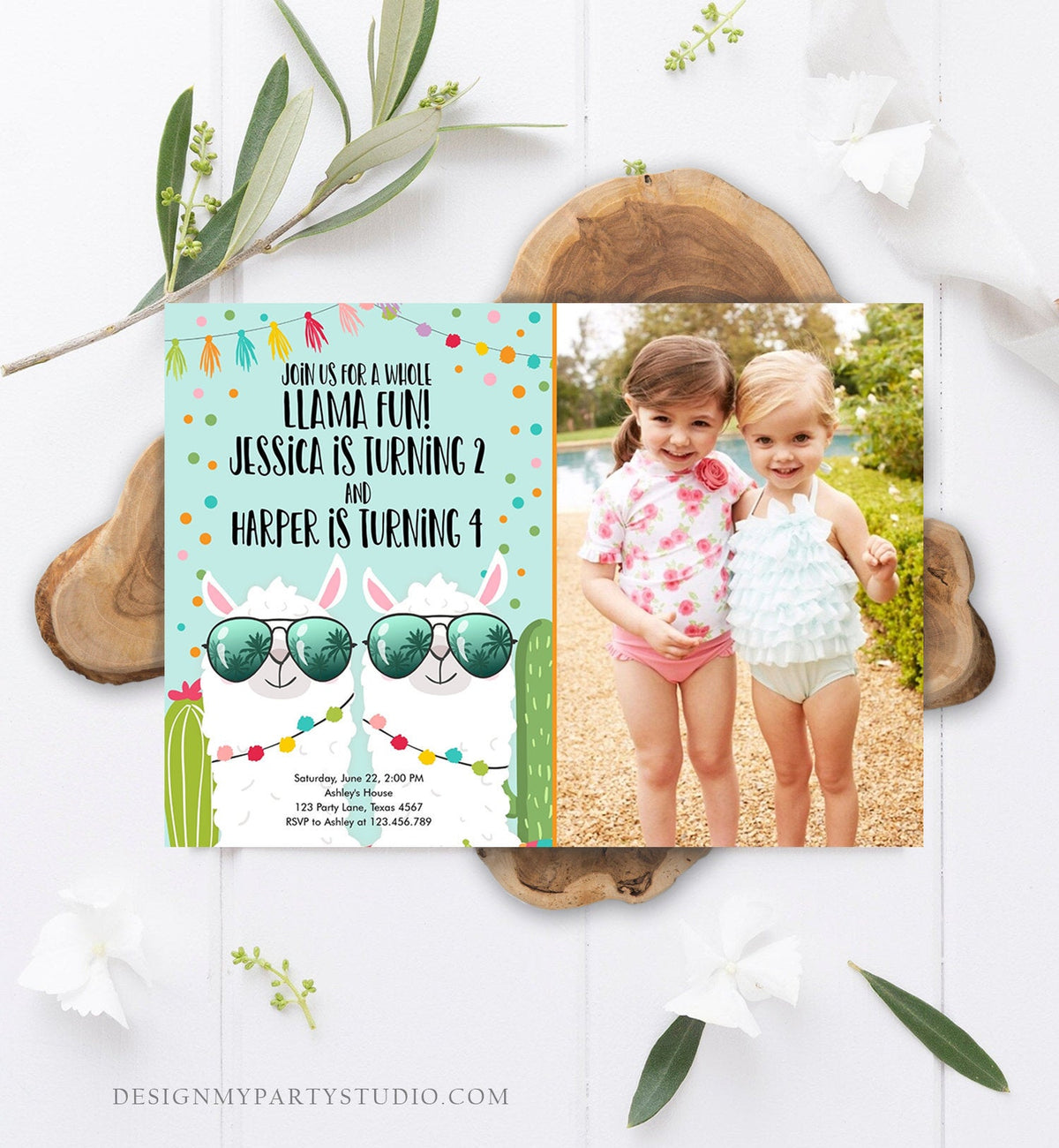 Editable Whole Llama Fun Birthday Invitation Joined Coed Twin Twins Llamas Fiesta Cactus Confetti Girl Blue Photo Alpaca Template Corjl 0079