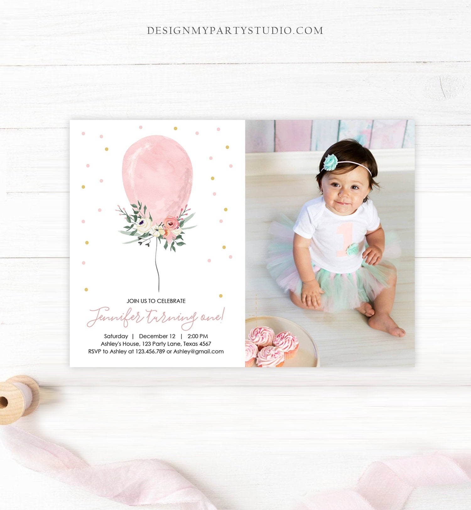Editable First Birthday Invitation Pink Balloon Girl 1st Birthday Floral Balloon Pink Gold Confetti Download Printable Template Corjl 0221