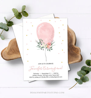 Editable First Birthday Invitation Pink Balloon Girl 1st Birthday Floral Balloon Pink Gold Confetti Download Printable Template Corjl 0221