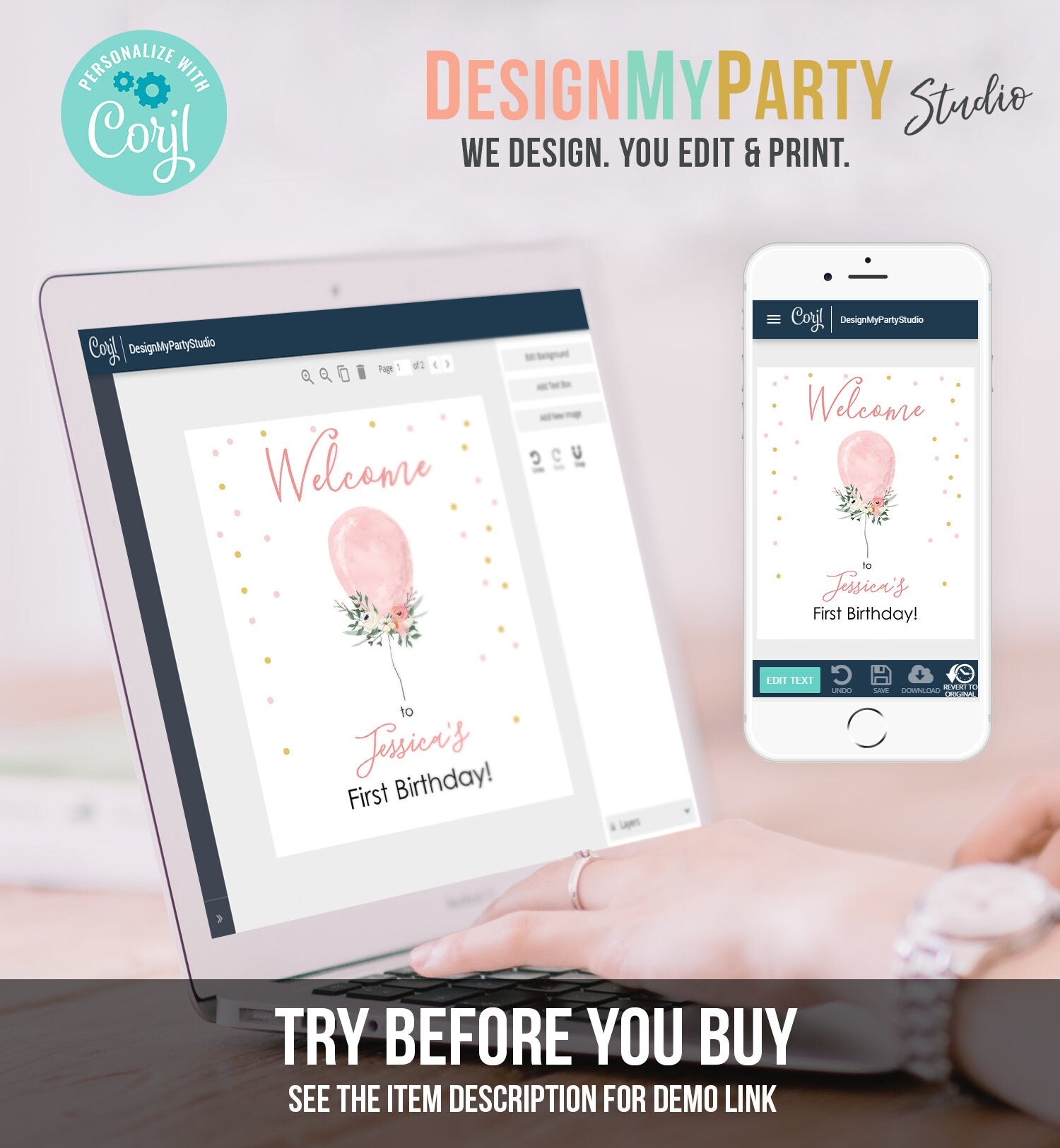 Editable Welcome Sign Pink Balloon Floral Balloon Girl Birthday Sign Pink Gold Girl First Birthday Confetti Template PRINTABLE Corjl 0221