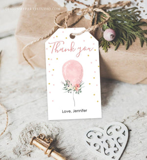 Editable Pink Balloon Favor Tags Girl Birthday Thank You Tags Labels Ready to Pop Pink Gold 1st Birthday Template PRINTABLE Corjl 0221