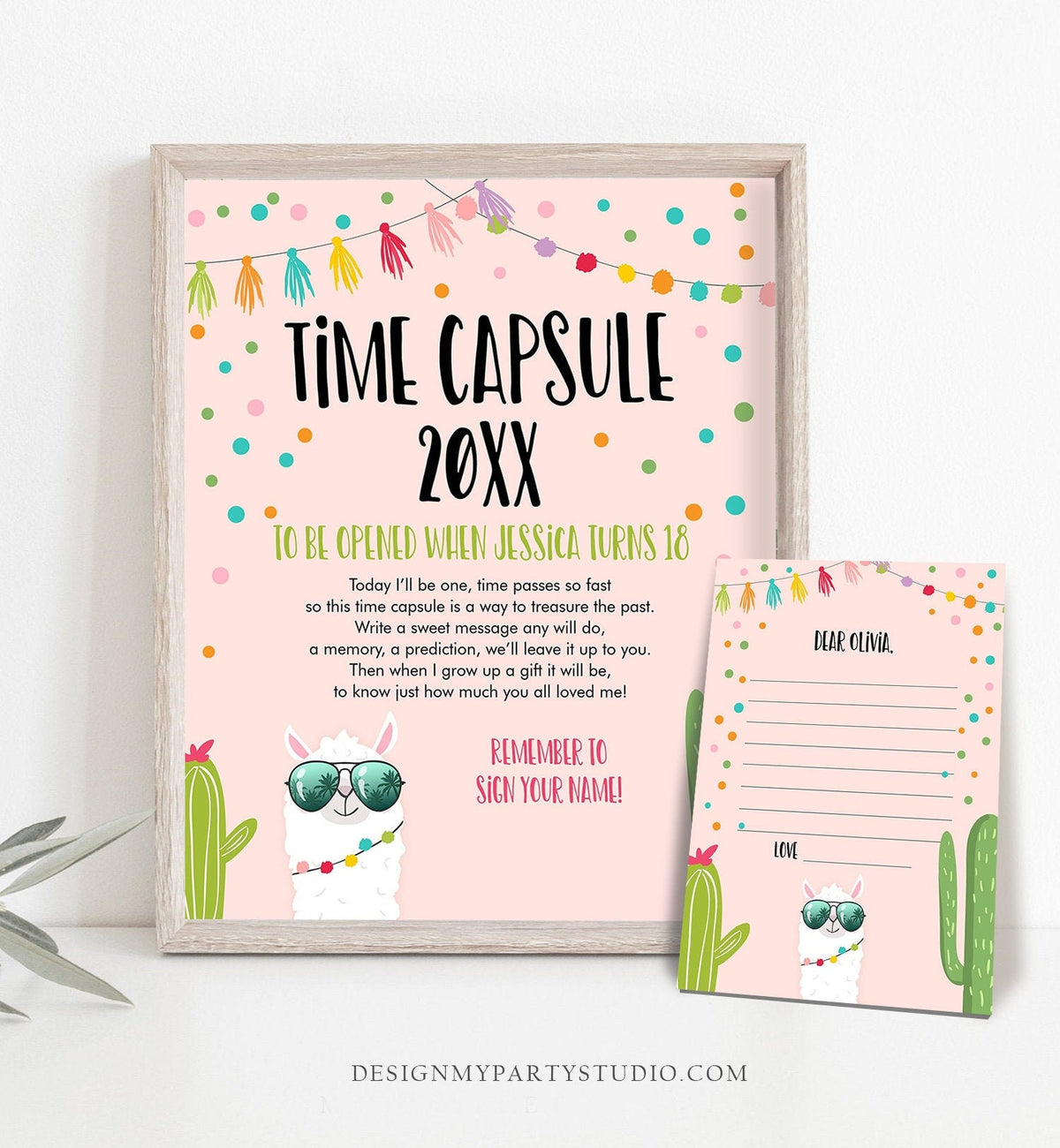 Editable Llama Time Capsule Birthday Fiesta Llama Sunglasses Guestbook Wishes for Baby Shower Pink Girl Corjl Template Printable 0079
