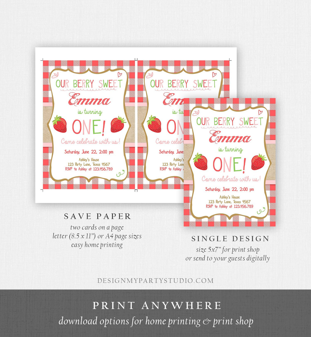 Editable Strawberry Birthday Invitation First Birthday Berry Sweet Girl Pink Download Printable Invite ANY AGE Template Corjl Digital 0091