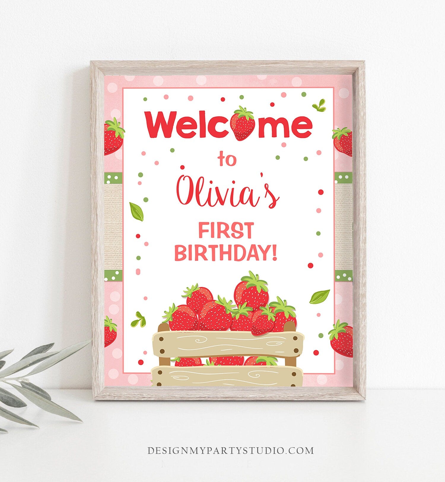 Editable Strawberry Welcome Sign Strawberry Birthday Party Welcome Farmers Market Girl Summer Fruit Berry Template PRINTABLE Corjl 0091