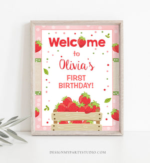 Editable Strawberry Welcome Sign Strawberry Birthday Party Welcome Farmers Market Girl Summer Fruit Berry Template PRINTABLE Corjl 0091