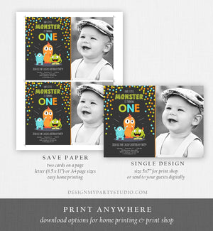 Editable Little Monster Birthday Invitation First Birthday Party Monsters Boy Confetti 1st Orange Blue Photo Printable Corjl Template 0058