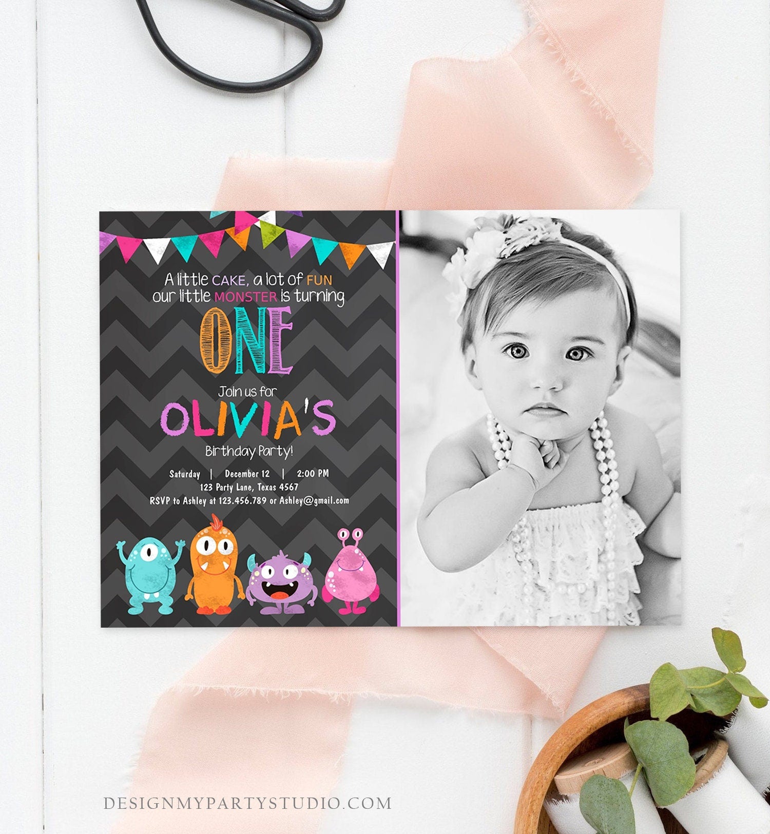 Editable Little Monster Birthday Invitation First Birthday Party Monsters Confetti 1st Girl Pink Purple Teal Printable Corjl Template 0058