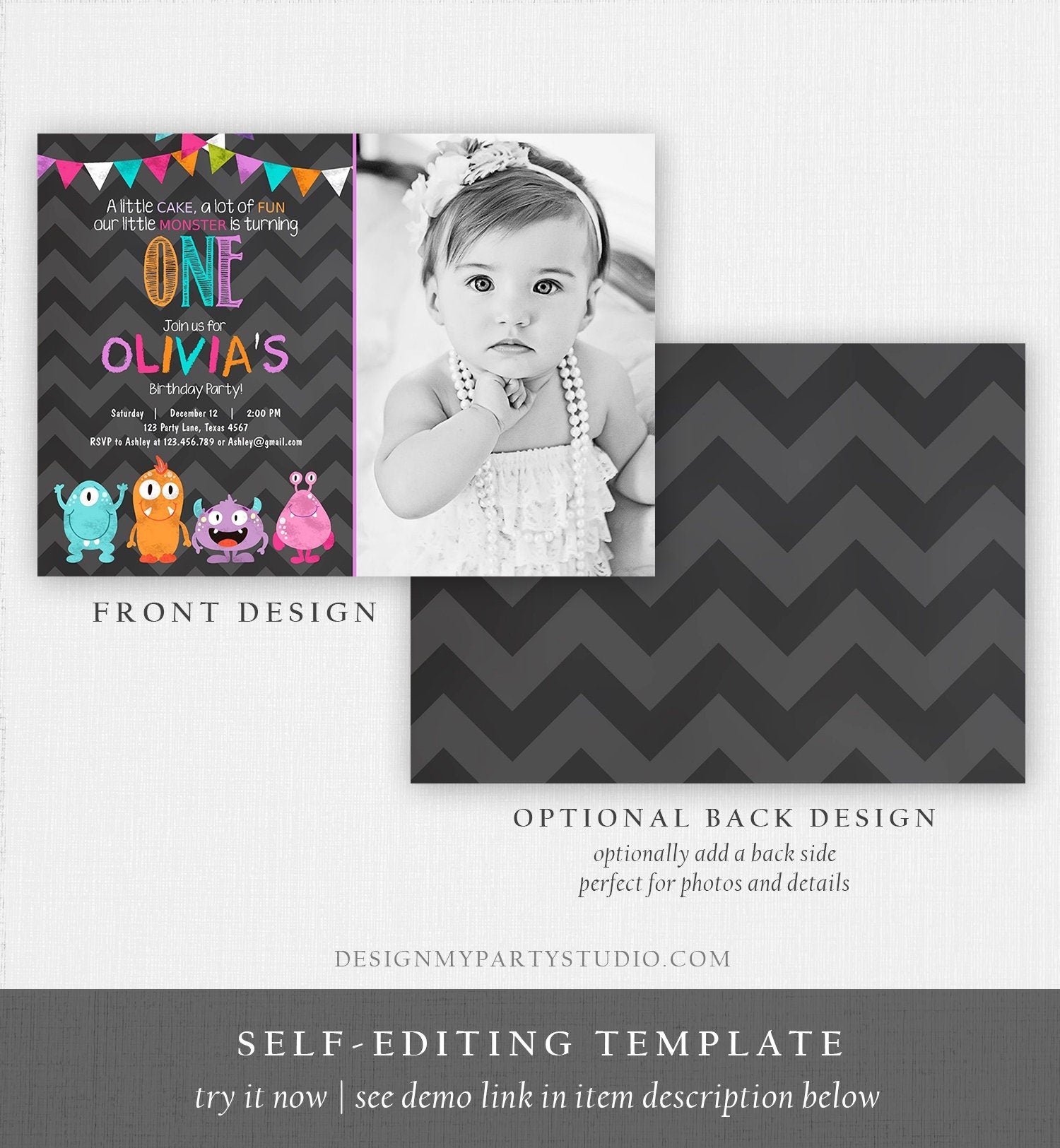 Editable Little Monster Birthday Invitation First Birthday Party Monsters Confetti 1st Girl Pink Purple Teal Printable Corjl Template 0058