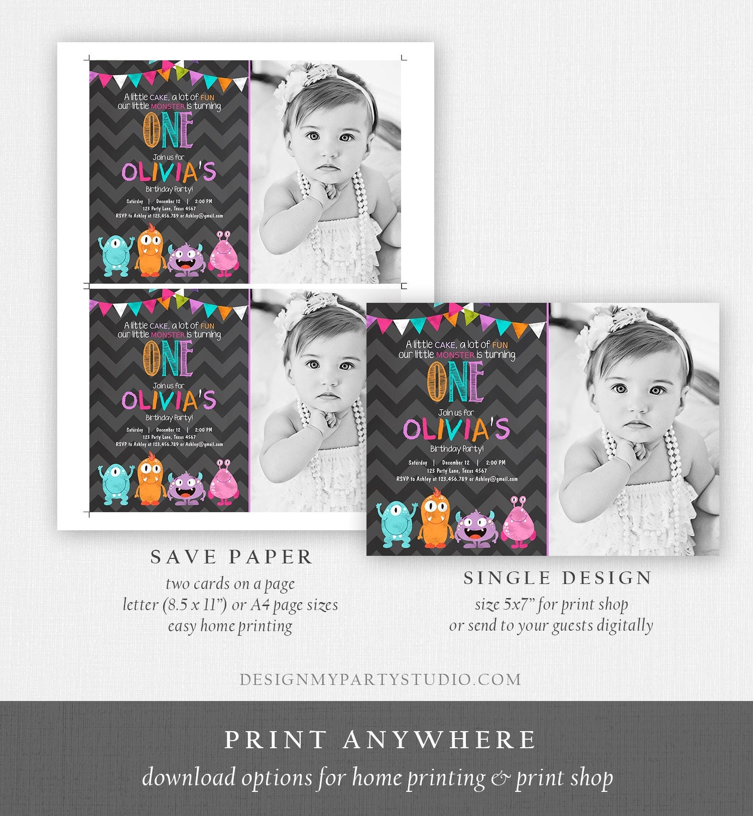 Editable Little Monster Birthday Invitation First Birthday Party Monsters Confetti 1st Girl Pink Purple Teal Printable Corjl Template 0058