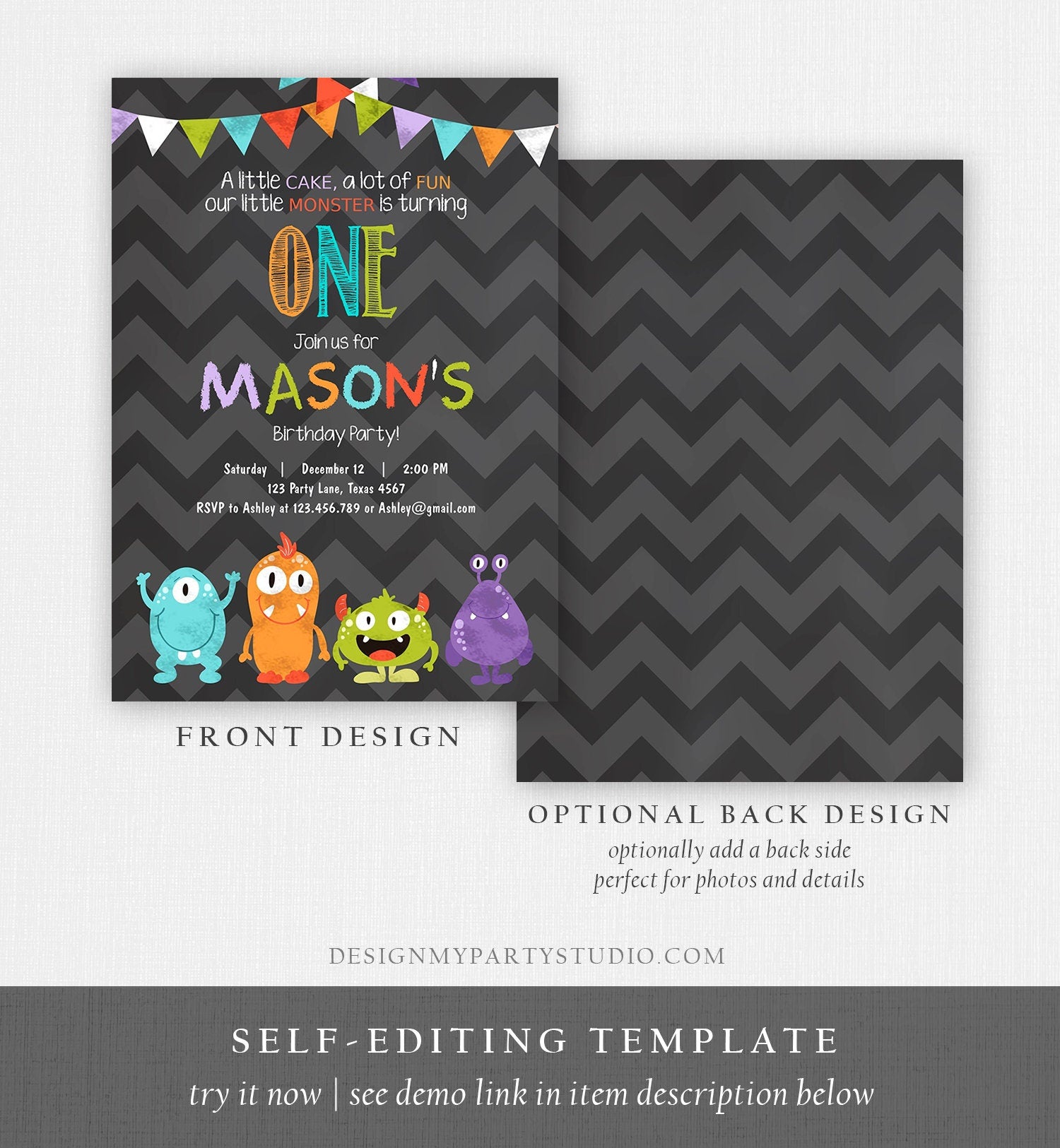 Editable Little Monster Birthday Invitation First Birthday Party Monsters Boy Confetti 1st Chalk Chevron Blue Printable Corjl Template 0058