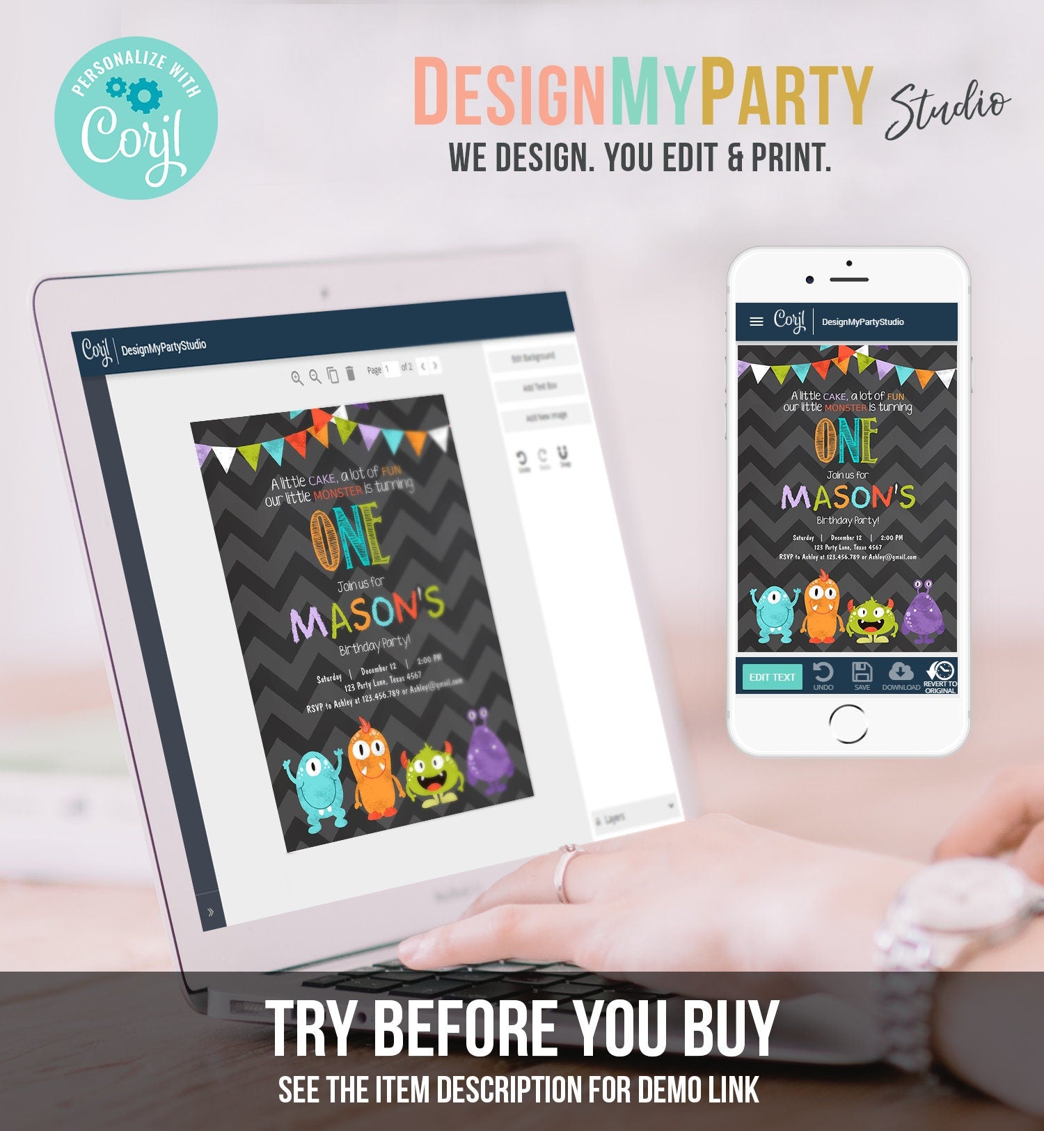 Editable Little Monster Birthday Invitation First Birthday Party Monsters Boy Confetti 1st Chalk Chevron Blue Printable Corjl Template 0058